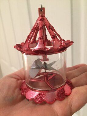 Vintage Birdcage Spinner Twinkler Pink Christmas Ornament Plastic MCM Glitter